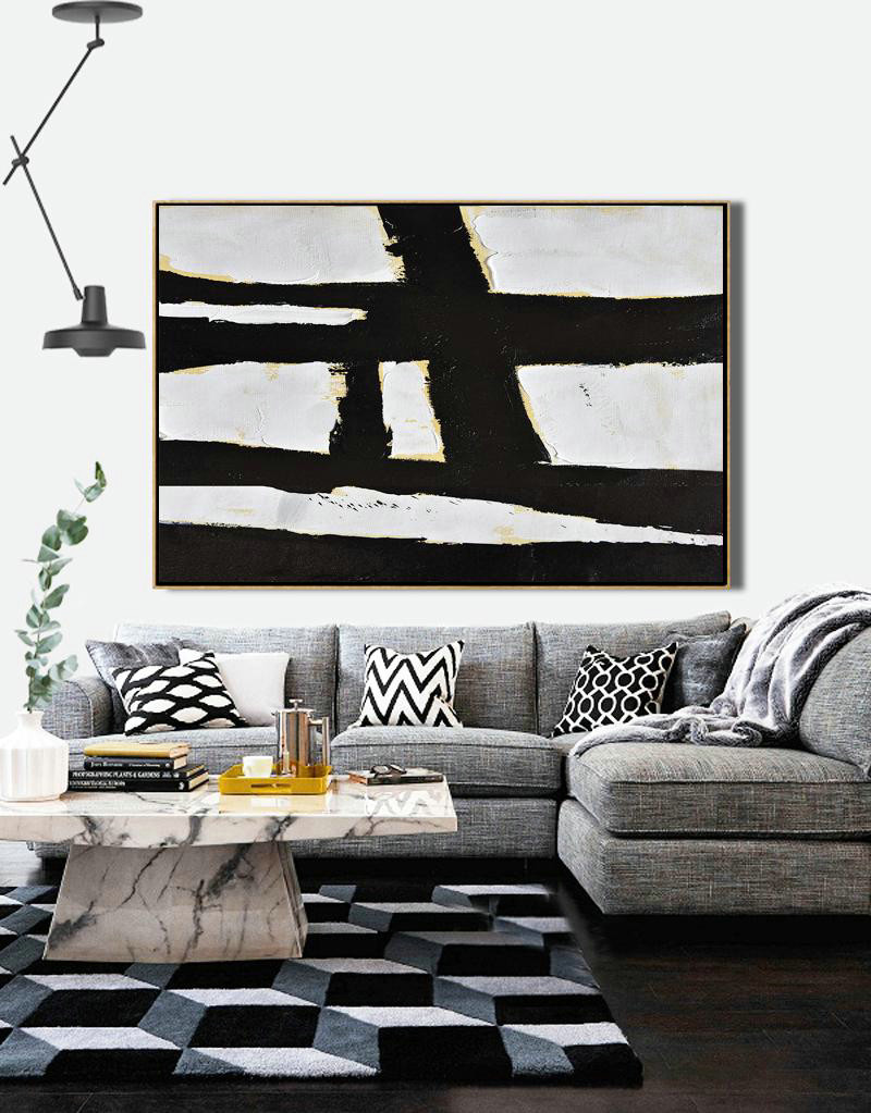 Modern Art Abstract Painting,Horizontal Palette Knife Minimal Canvas Art Painting Black White Beige - Original Modern Art,Large Wall Art Handmade